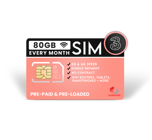 Three 80GB Preloaded Data Sim Per Month Exp 08/09/2026