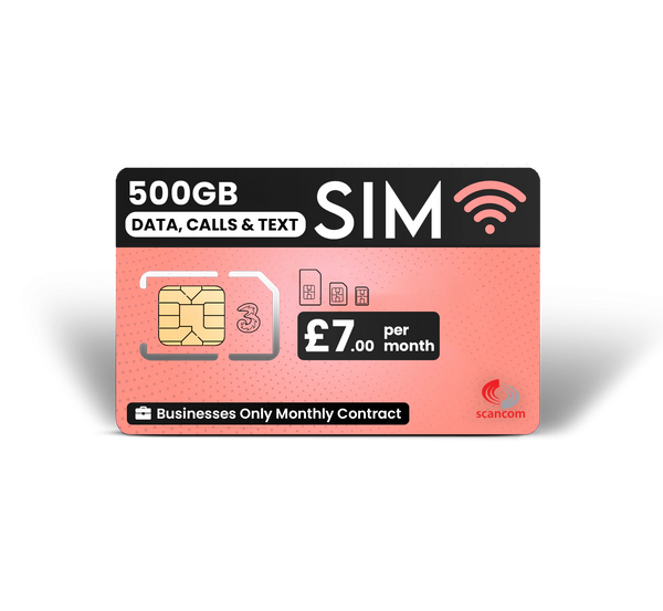 Three 500GB Data, Calls and Texts - Business Users Only £7.00 per month (Unlimited Roaming In 90 Countries From £2/Day)