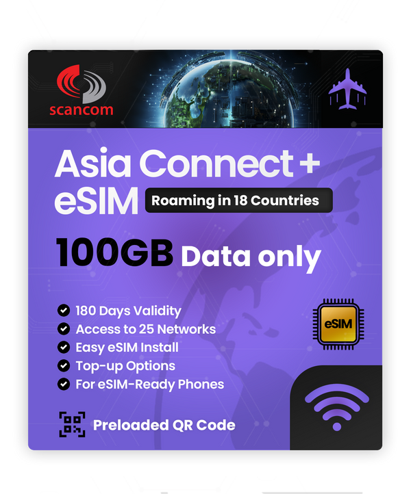 Asia Connect+ Roaming eSIM – 18 Countries, 25 Networks – QR Code Activation for eSIM Compatible Devices – Perfect for Travel