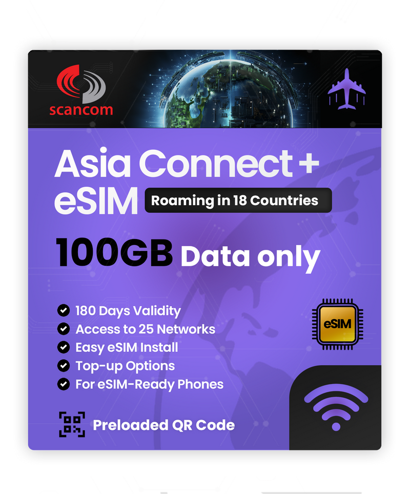 Asia Connect+ Roaming eSIM – 18 Countries, 25 Networks – QR Code Activation for eSIM Compatible Devices – Perfect for Travel