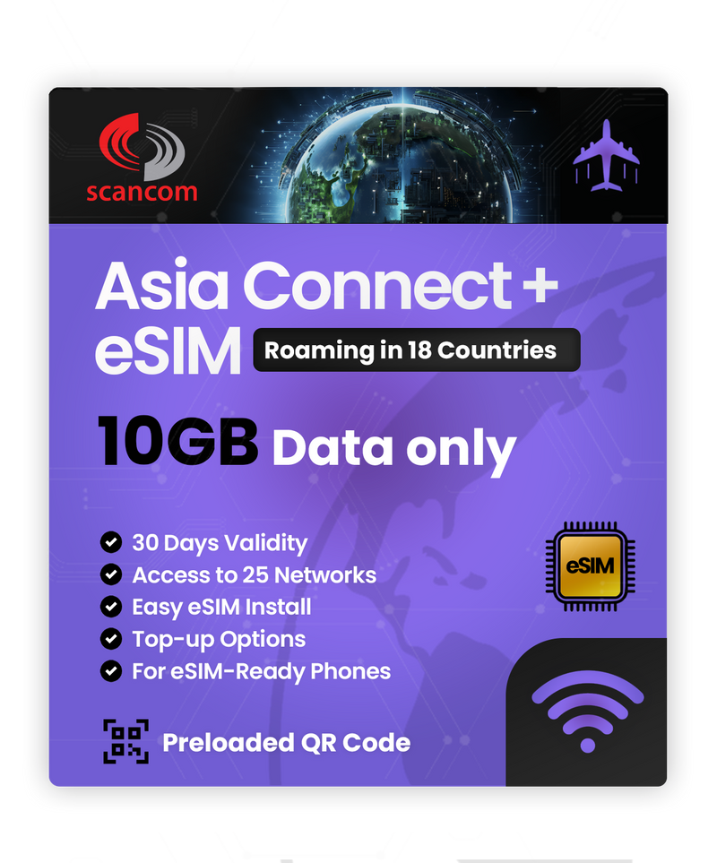 Asia Connect+ Roaming eSIM – 18 Countries, 25 Networks – QR Code Activation for eSIM Compatible Devices – Perfect for Travel