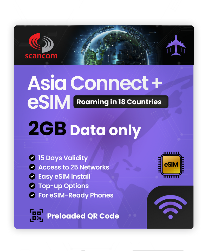 Asia Connect+ Roaming eSIM – 18 Countries, 25 Networks – QR Code Activation for eSIM Compatible Devices – Perfect for Travel
