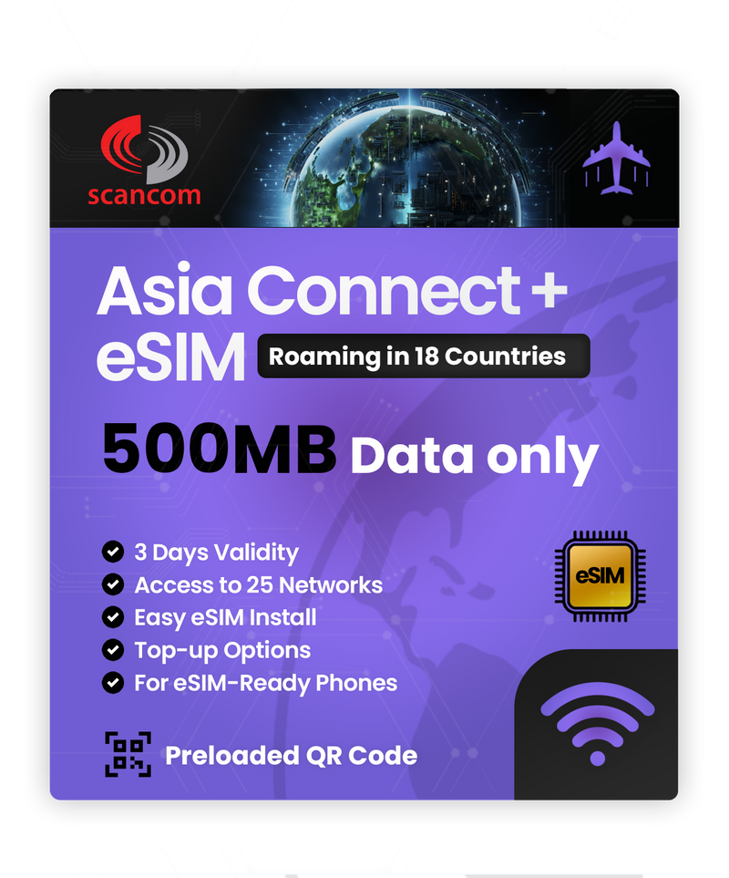 Asia Connect+ Roaming eSIM – 18 Countries, 25 Networks – QR Code Activation for eSIM Compatible Devices – Perfect for Travel