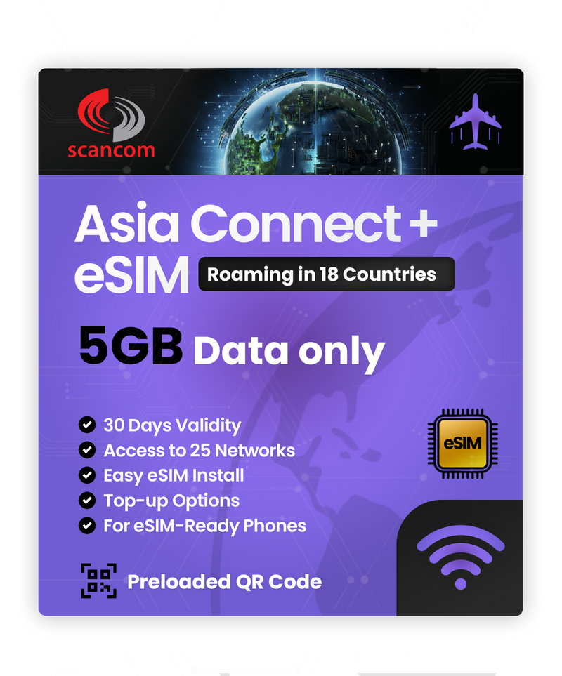 Asia Connect+ Roaming eSIM – 18 Countries, 25 Networks – QR Code Activation for eSIM Compatible Devices – Perfect for Travel
