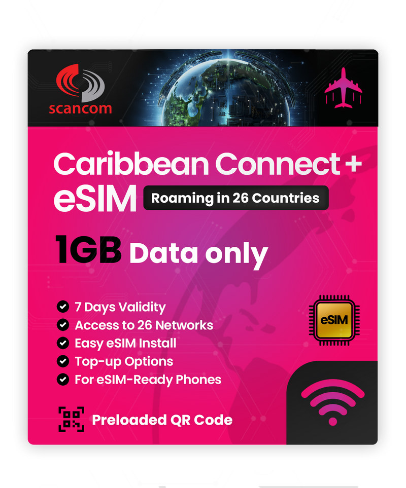 Caribbean Connect+ Roaming eSIM – 26 Countries, 26 Networks – QR Code Activation for eSIM Compatible Devices – Perfect for Travel