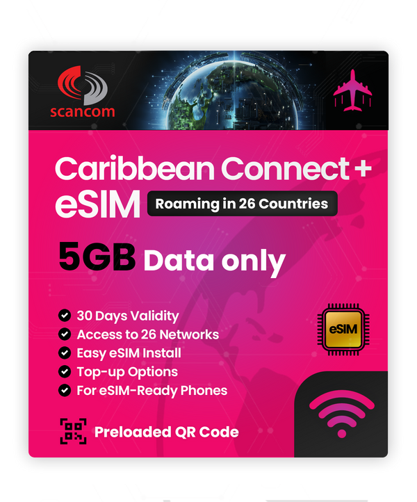 Caribbean Connect+ Roaming eSIM – 26 Countries, 26 Networks – QR Code Activation for eSIM Compatible Devices – Perfect for Travel