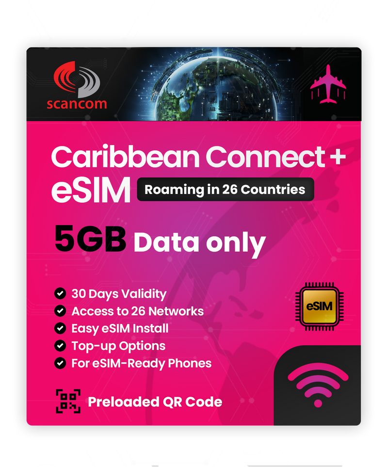 Caribbean Connect+ Roaming eSIM – 26 Countries, 26 Networks – QR Code Activation for eSIM Compatible Devices – Perfect for Travel