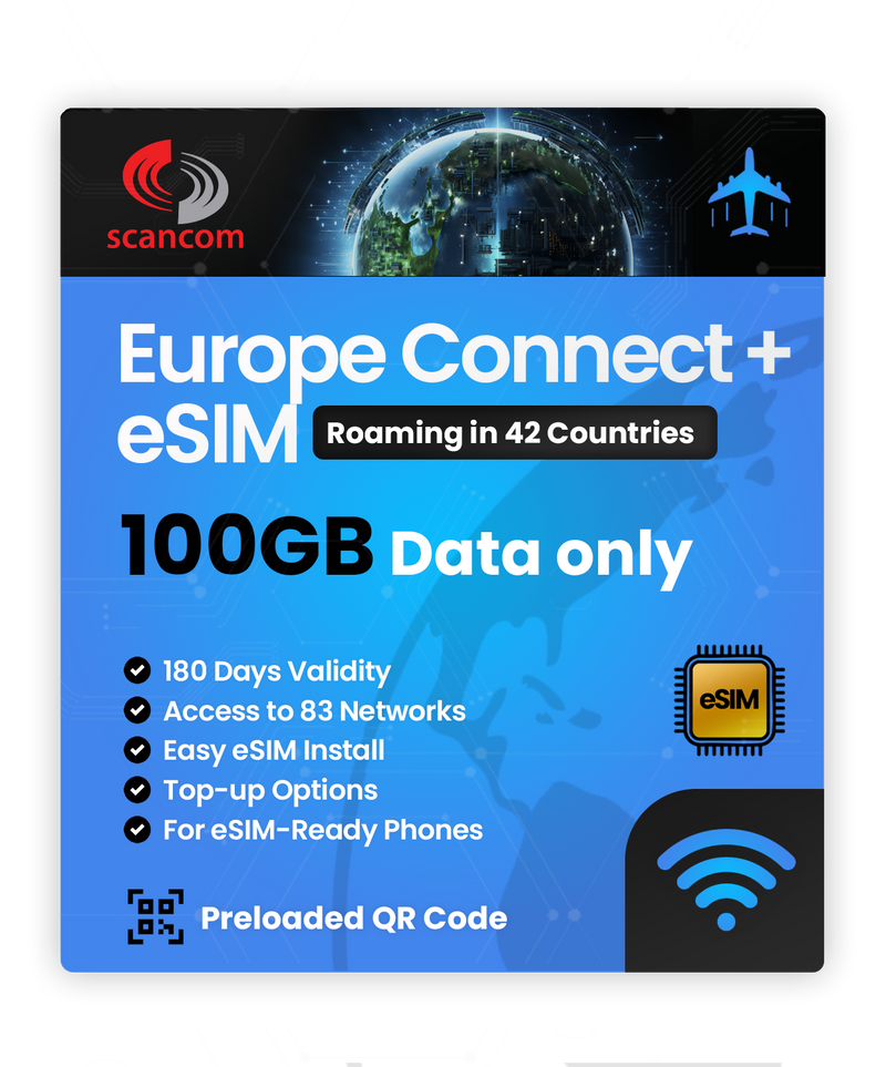 Europe Connect+ Roaming eSIM – 42 Countries, 83 Networks – QR Code Activation for eSIM Compatible Devices – Perfect for Travel