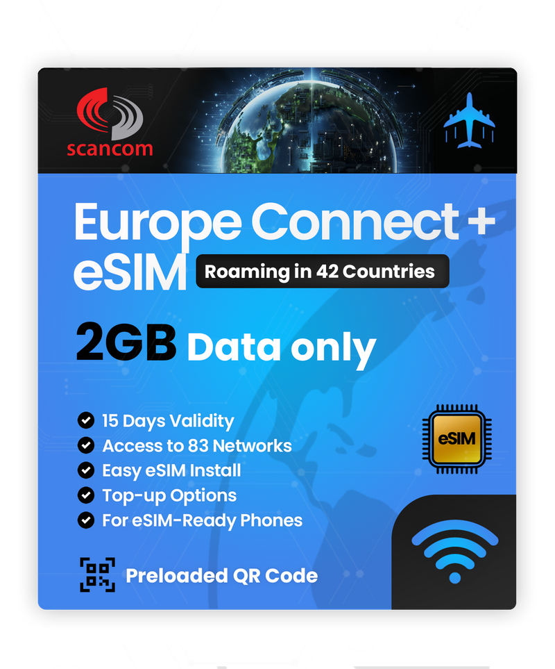 Europe Connect+ Roaming eSIM – 42 Countries, 83 Networks – QR Code Activation for eSIM Compatible Devices – Perfect for Travel