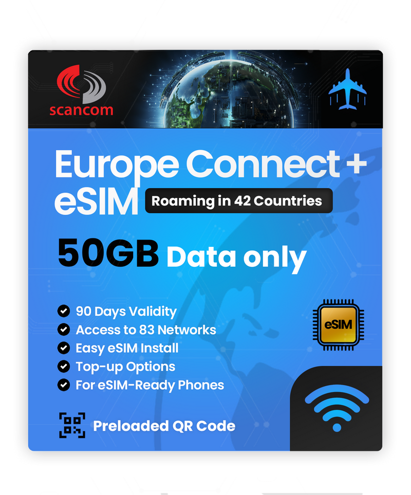 Europe Connect+ Roaming eSIM – 42 Countries, 83 Networks – QR Code Activation for eSIM Compatible Devices – Perfect for Travel