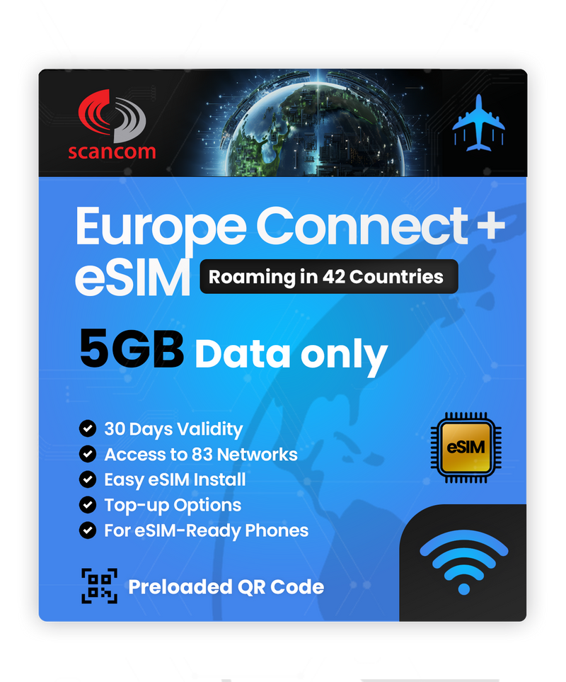 Europe Connect+ Roaming eSIM – 42 Countries, 83 Networks – QR Code Activation for eSIM Compatible Devices – Perfect for Travel