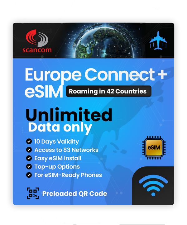 Europe Connect+ Roaming eSIM – 42 Countries, 83 Networks – QR Code Activation for eSIM Compatible Devices – Perfect for Travel