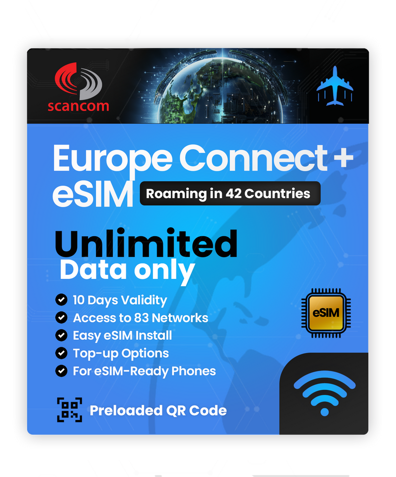 Europe Connect+ Roaming eSIM – 42 Countries, 83 Networks – QR Code Activation for eSIM Compatible Devices – Perfect for Travel