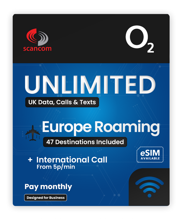O2 Unlimited Data, Calls & Texts  - Monthly Contract - £19 per month - 36 months - Europe Roaming