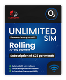 O2 Unlimited Data Sim - Rolling 30 Days - £25 per month subscription