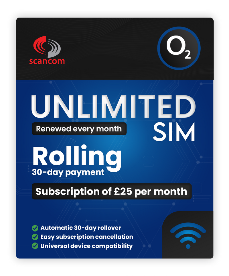 O2 Unlimited Data Sim - Rolling 30 Days - £25 per month subscription