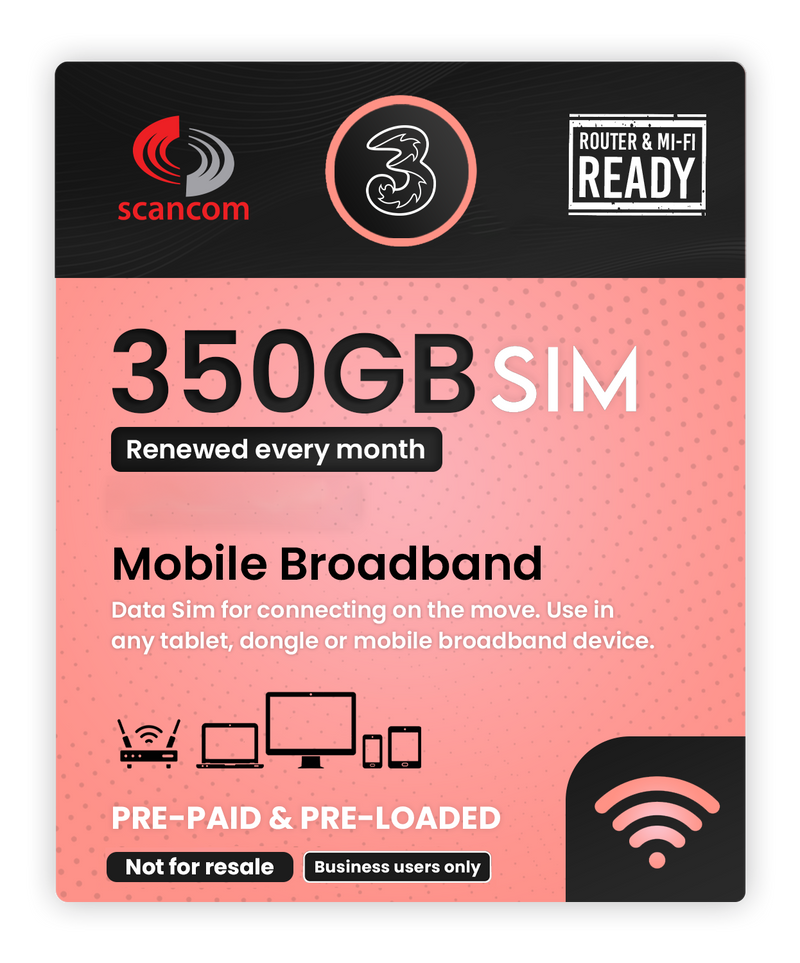 Three 350GB Preloaded Data SIM per month - expiry 8th Dec 2026