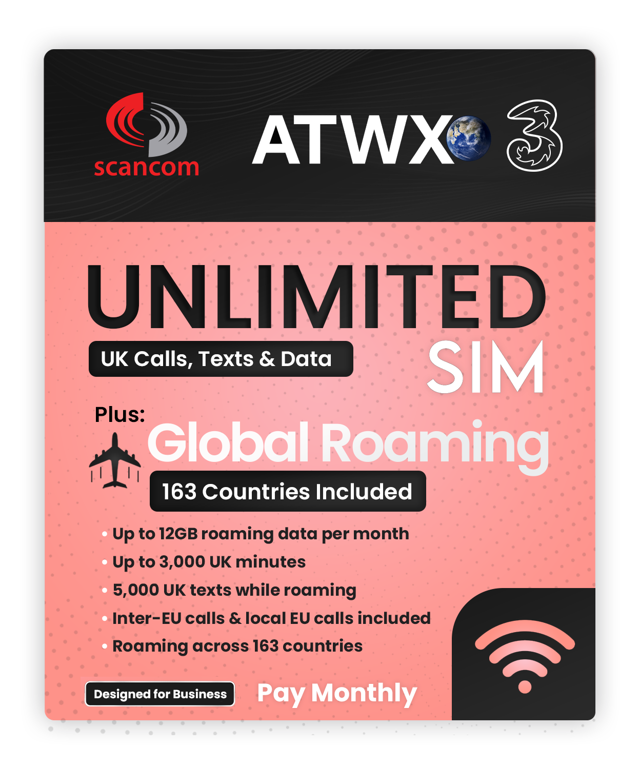Three Unlimited Calls, Texts & Data Sim 36 months £19.60* per month - Access to Three & Vodafone* - 163 Countries