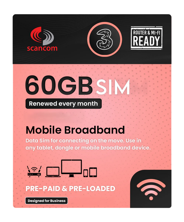 Three 60GB Preloaded Data SIM per month - expiry 8th April 2026