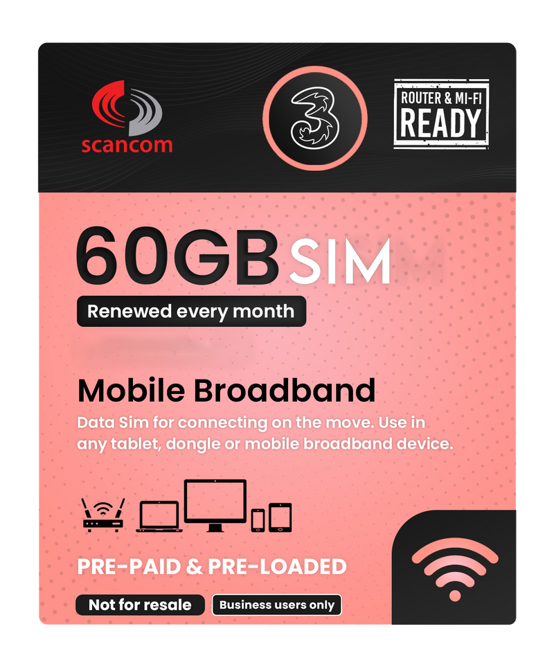 Three 60GB Preloaded Data SIM per month - expiry 8th April 2026