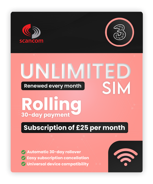 Three Unlimited Data Sim - Rolling 30 Days - £25 per month subscription