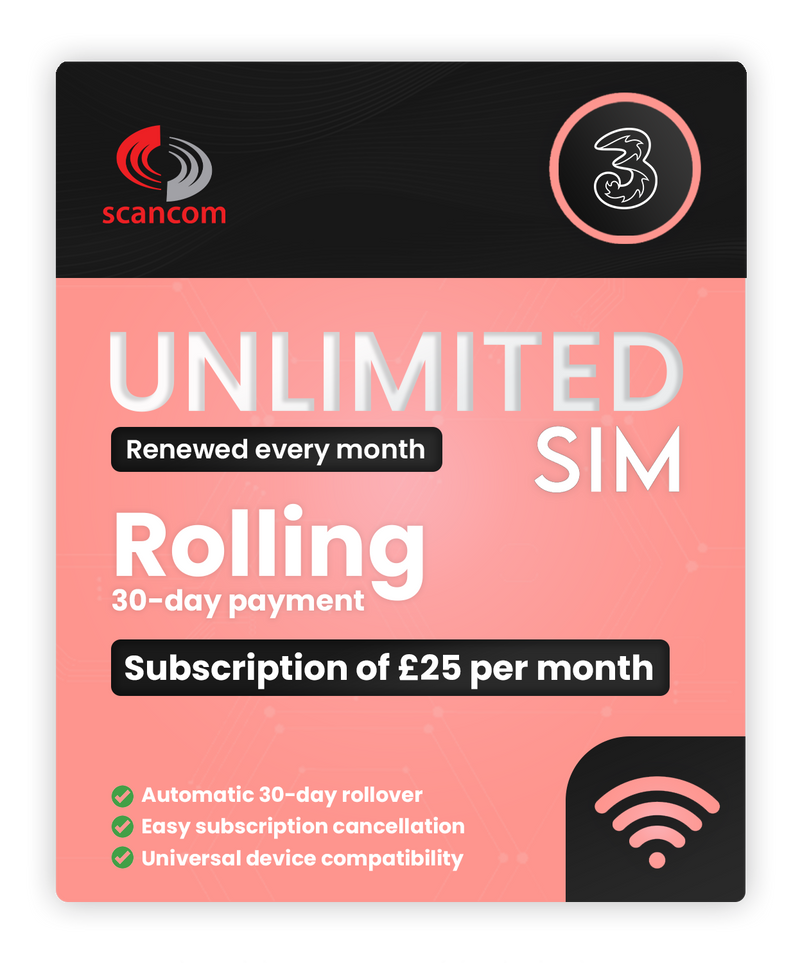 Three Unlimited Data Sim - Rolling 30 Days - £25 per month subscription