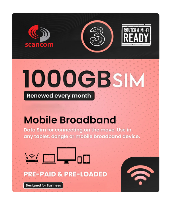 Three 1000GB Preloaded Data SIM per month - Choose your expiry date