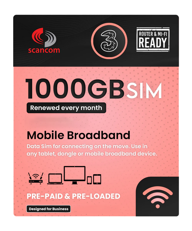 Three 1000GB Preloaded Data SIM per month - Choose your expiry date