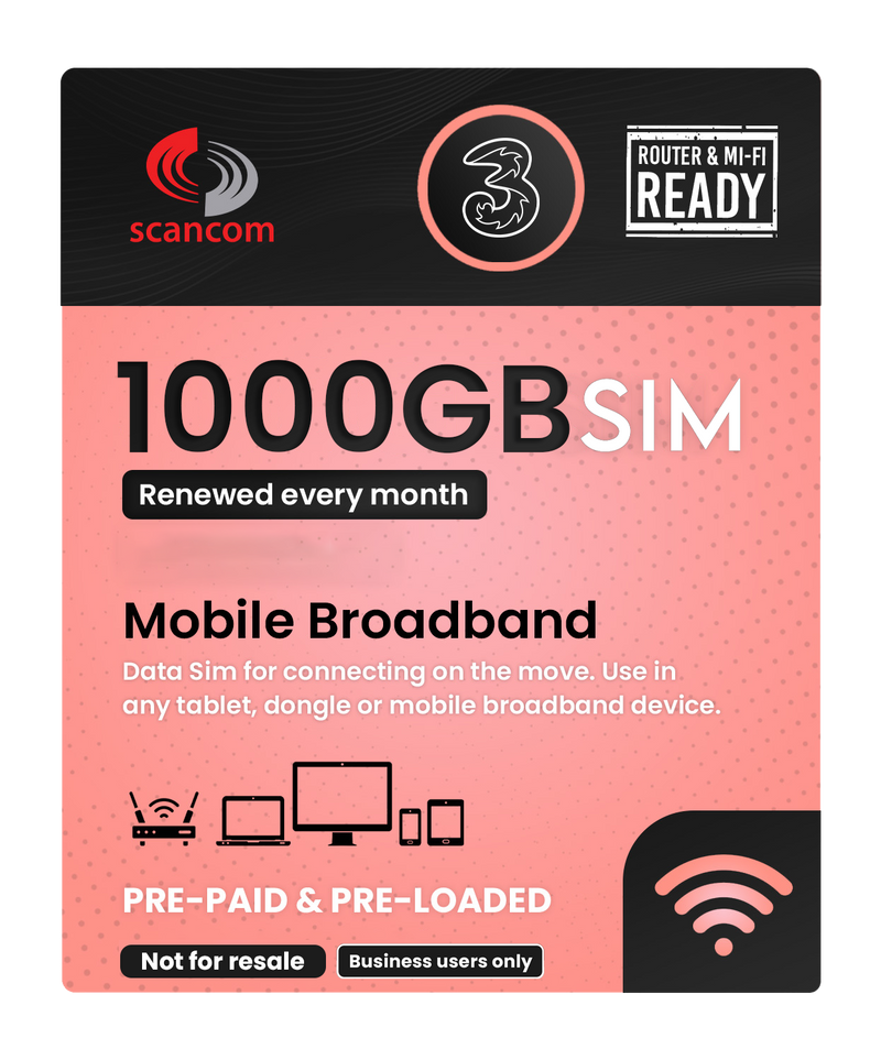 Three 1000GB Preloaded Data SIM per month - Choose your expiry date