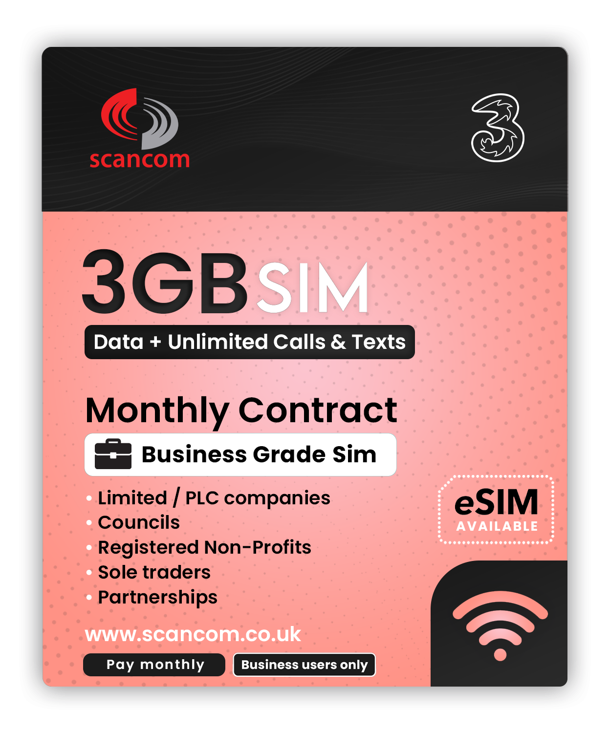 Three 3GB Calls, Texts & Data Sim 36 months £2.99 per month - Access to Three & Vodafone* - Activate bewtten 28/11/2025 and 03/12/2025