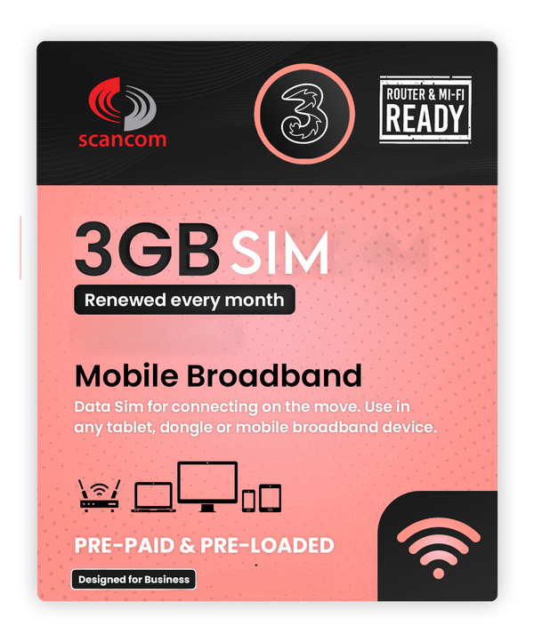 Three 3GB per month Preloaded Data SIM - Access to Three & Vodafone* - Connects to the Strongest Signal available