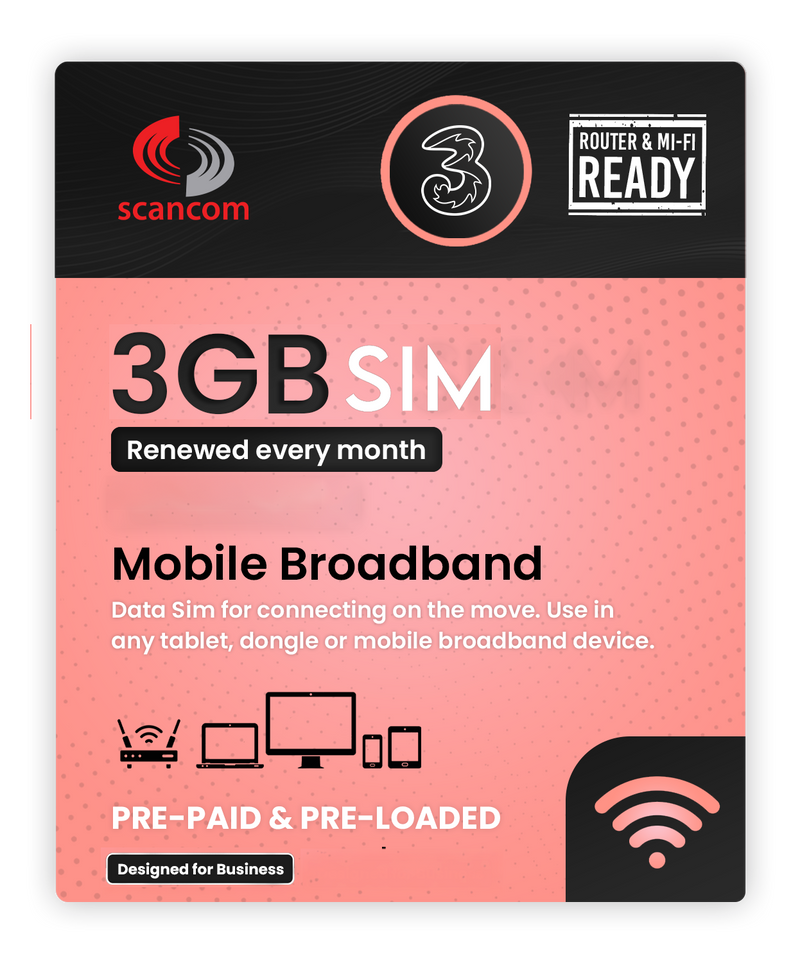 Three 3GB per month Preloaded Data SIM - Access to Three & Vodafone* - Connects to the Strongest Signal available