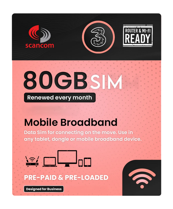 Three 80GB Preloaded Data SIM per month - Choose your expiry date