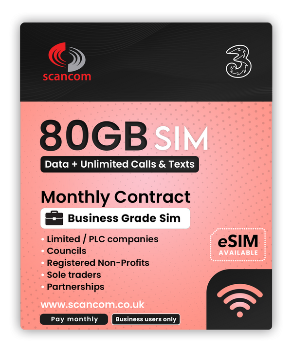 Three 80GB Data + Unlimited Calls & Texts from £7.50 per month