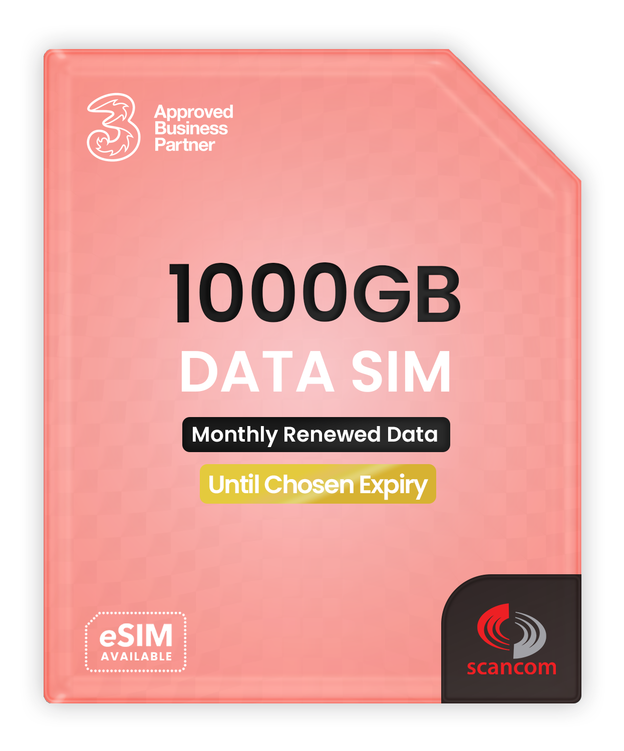 Three 1000GB Data SIM - Automatic Vodafone network access for improved coverage