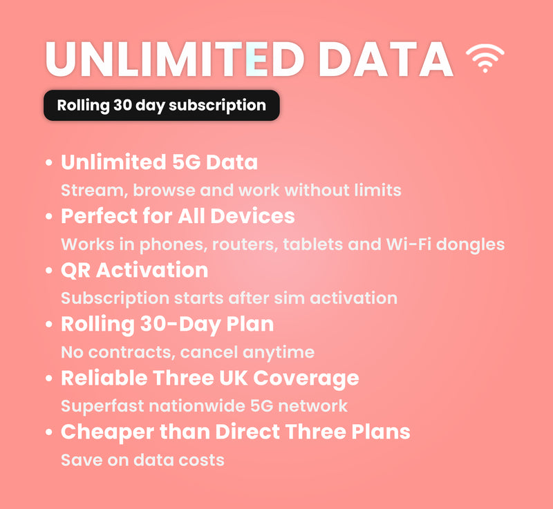 Three Unlimited Data Sim - Rolling 30 Days - £25 per month subscription