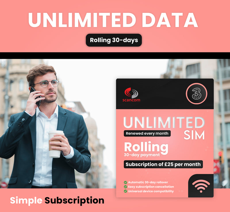 Three Unlimited Data Sim - Rolling 30 Days - £25 per month subscription