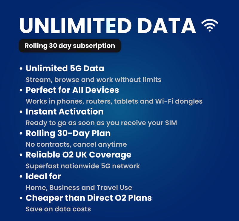 O2 Unlimited Data Sim - Rolling 30 Days - £25 per month subscription