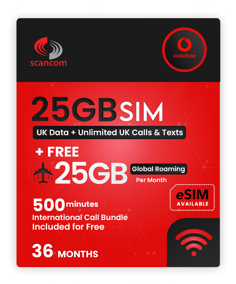 Vodafone 25GB Data, Unlimited Calls & Texts + Free Global Roaming £27pm for 36 months