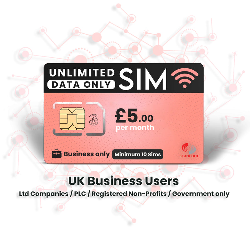 Three Unlimited Data - Business Users Only £5.00 per month Minimum Purchase 10 Units
