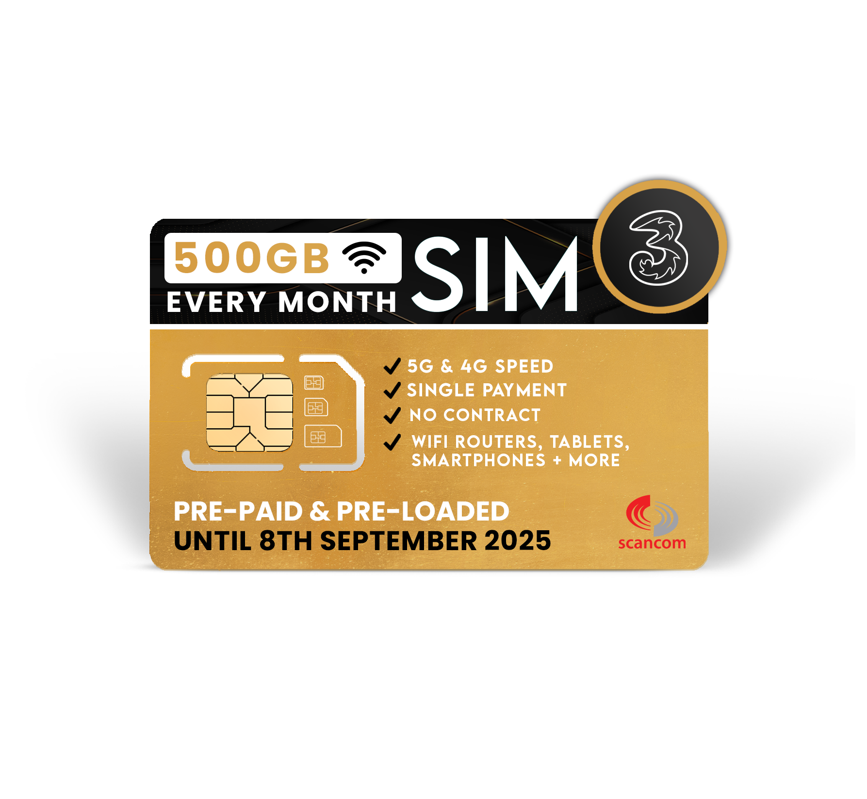 Three 5G 500GB Per Month Data Sim Exp 08/09/2025 Pre Paid No Contract - *** PRICE DROP - LAST FEW ***